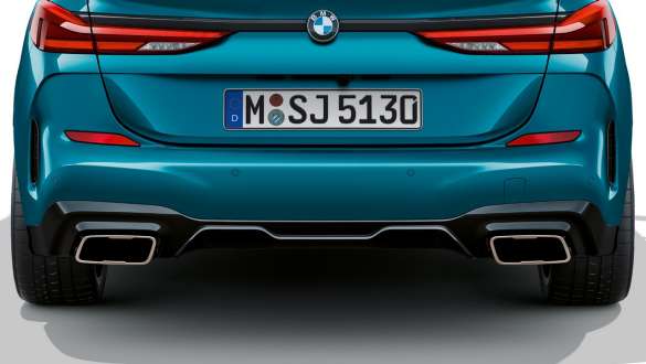 Tailpipe trims BMW 2 Series Gran Coupé F44 Tailpipe trims BMW 2 Series Gran Coupé F44 Snapper Rocks Blue metallic close-up rear