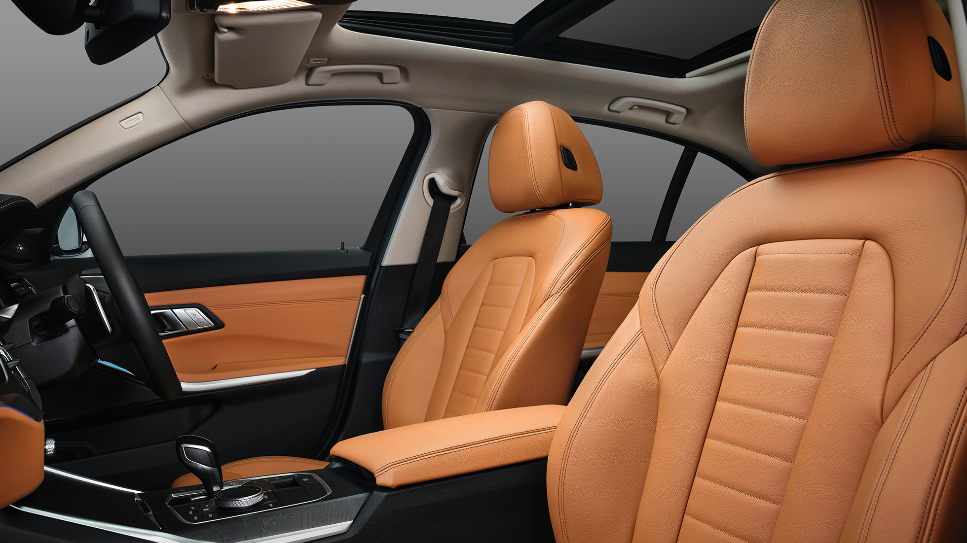 BMW 3 Series Sedan long-wheelbase G28 2021 interior front seats BMW 3 Series Sedan long-wheelbase G28 2021 interior front seats in leather 'Vernasca' Cognac