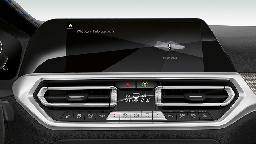 BMW ซีรีส์ 3 Sedan (G20), BMW Intelligent Personal Assistant ภาพโคลสอัพด้านหน้าของจอแสดงผลในห้องโดยสารของ BMW ซีรีส์ 3 Sedan (G20) พร้อม BMW Intelligent Personal Assistant