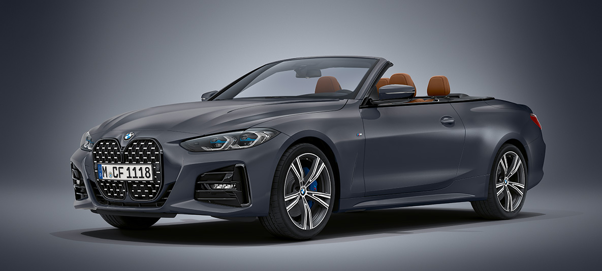 BMW Individual Frozen Deep Grey metallic BMW 4 Series Convertible G23 2020 BMW 4 Series Convertible Individual Frozen Deep Grey metallic G23 2020 three-quarter front view standing