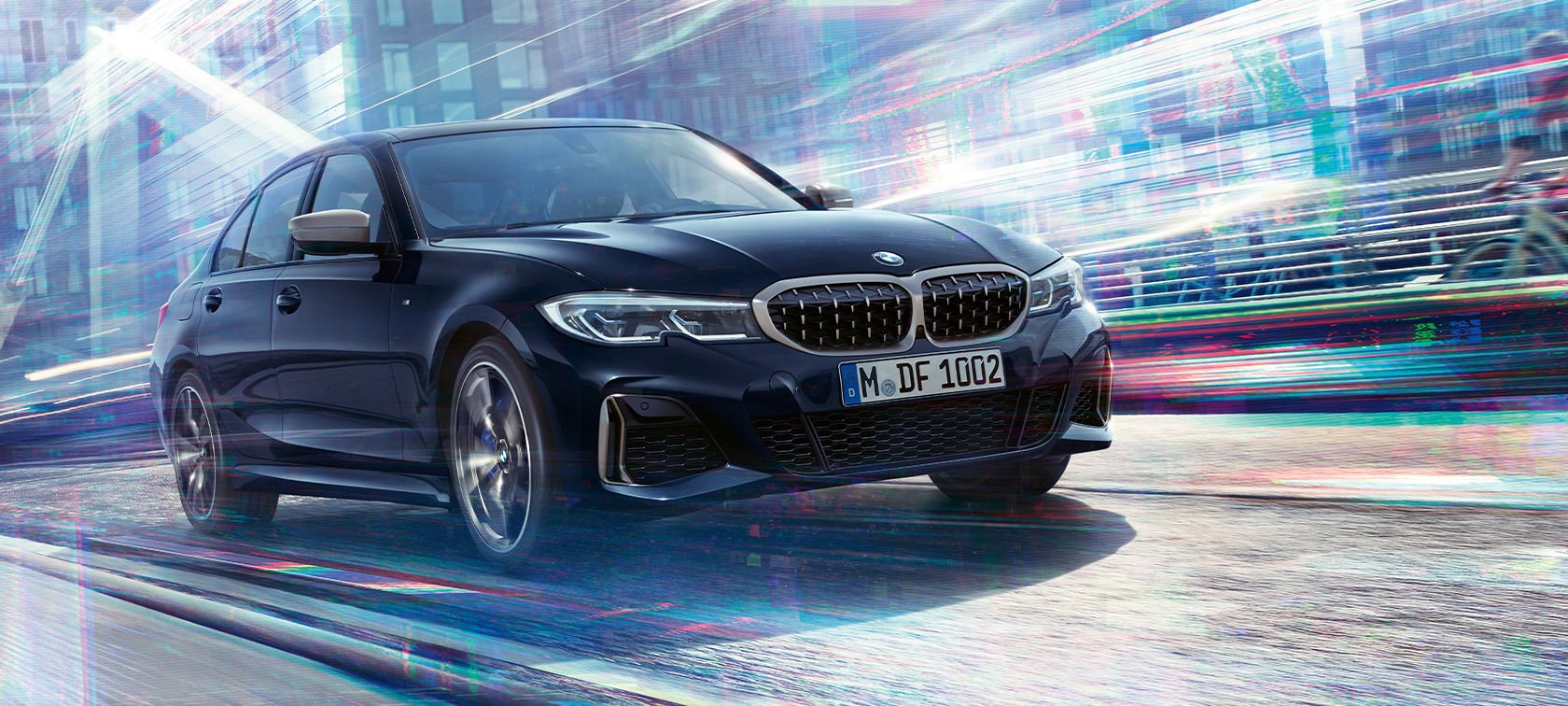 Design driving dynamics BMW M340i xDrive Sedan Design driving dynamics BMW M340i xDrive Sedan G20 Sapphire Black metallic three-quarter front view