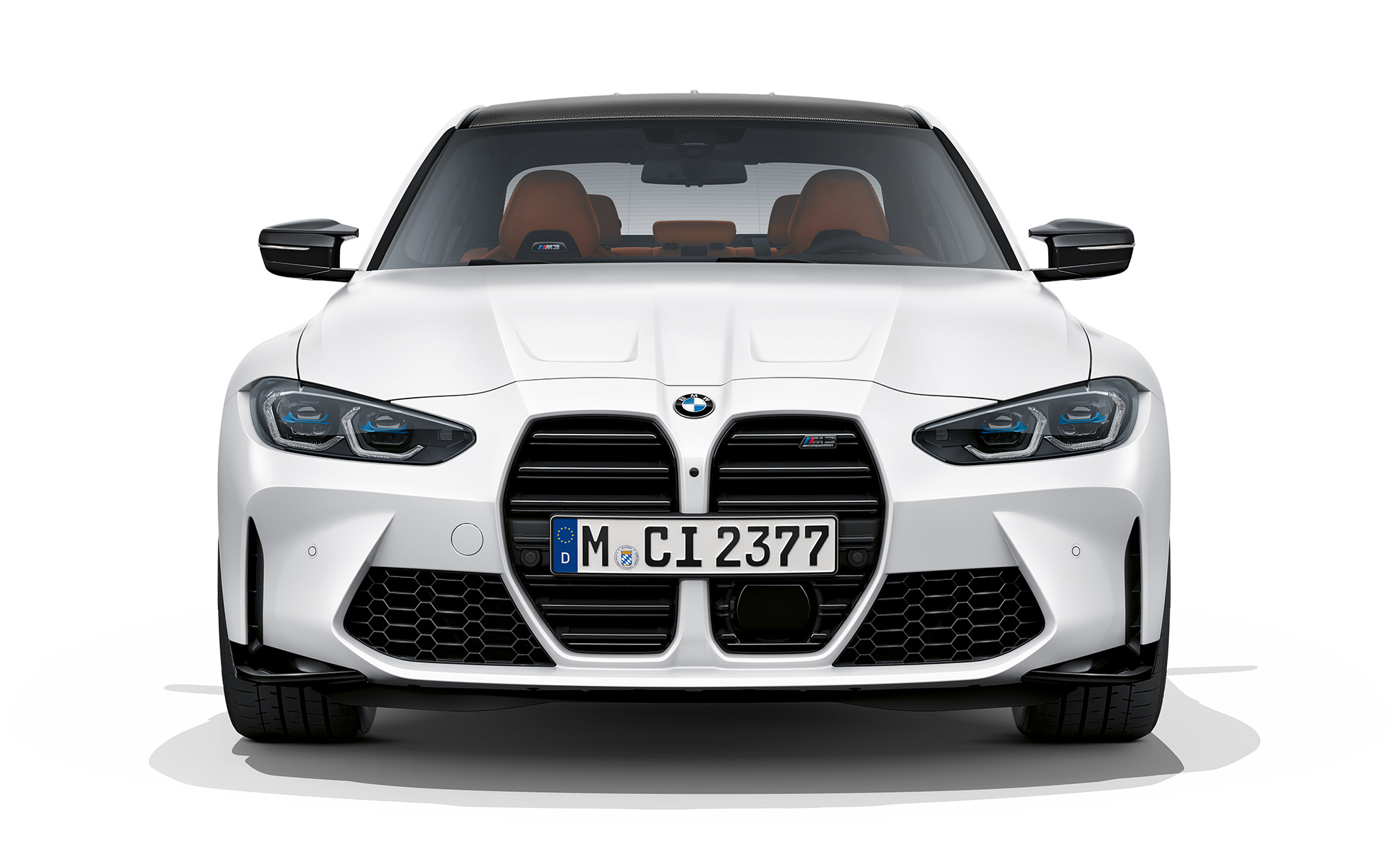 มุมมองด้านหน้าของ BMW M3 Competition G80 2020 สี Frozen Brilliant White metallic