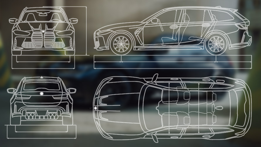 ภาพโครงร่างแสดงขนาดของ BMW M3 Competition M xDrive Touring G81 ภาพโครงร่างแสดงขนาดของ BMW M3 Competition M xDrive Touring G81