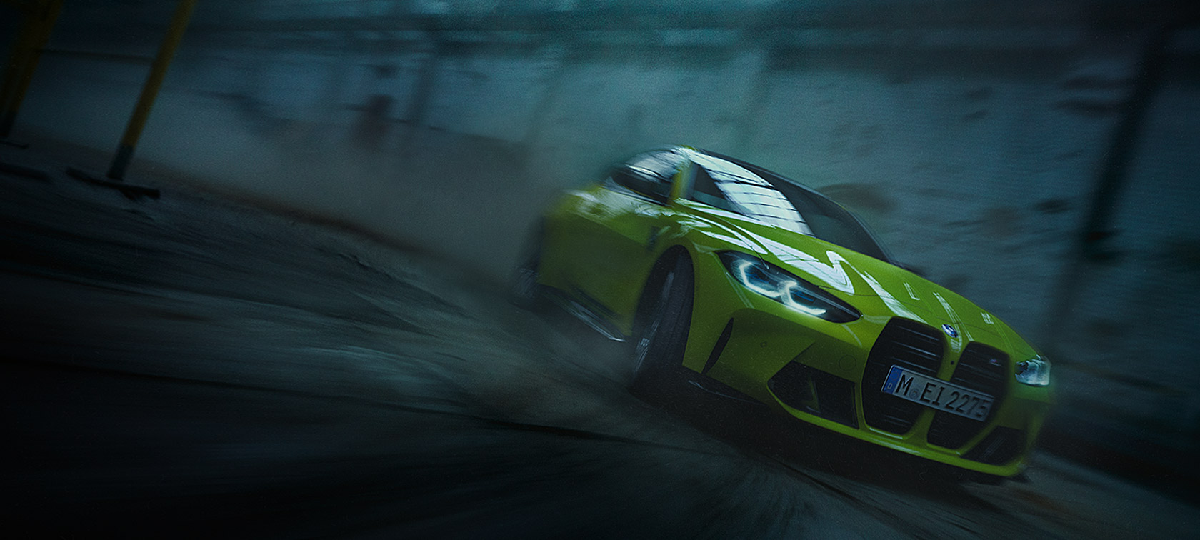 BMW M4 G82 2020 Sao Paulo Yellow three-quarter front view in motion