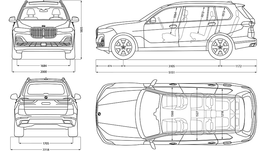 ภาพร่างขนาดของ BMW X7 ภาพร่างขนาดของ BMW X7