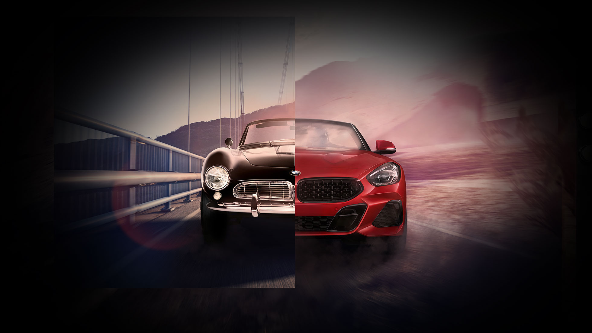 BMW 507 and BMW Z4 Roadster Split screen of black BMW 507 and BMW Z4 Roadster