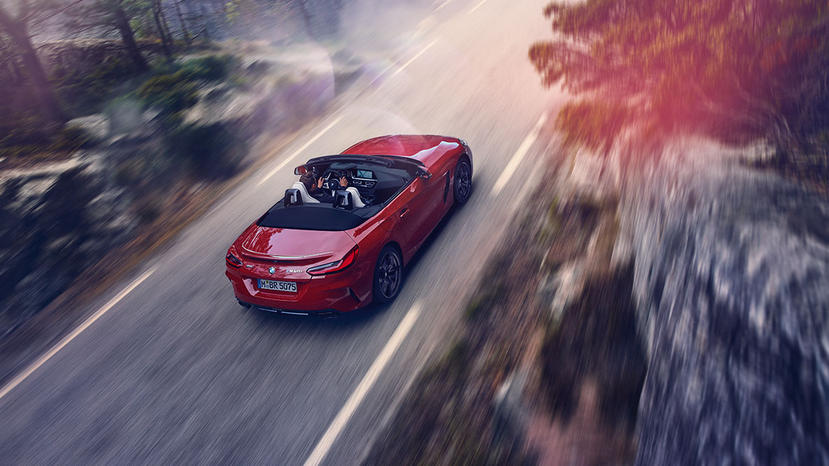 BMW Z4 Roadster driving shot Bird’s eye view of the BMW Z4 Roadster on the move