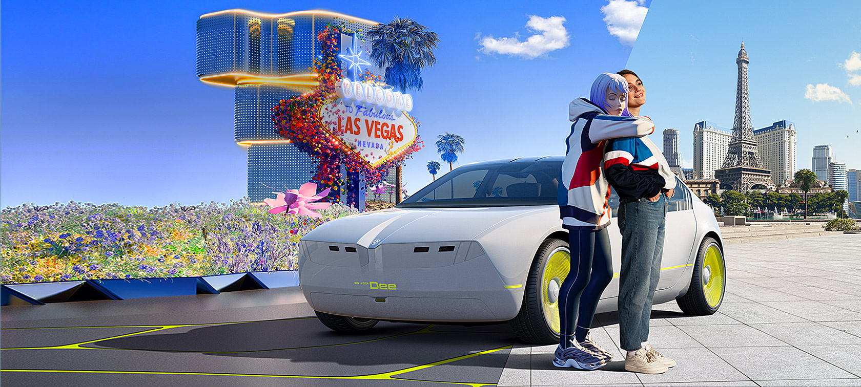 มุมมองด้านหน้า 3/4 ของรูปลักษณ์ภายนอก BMW i Vision Dee มุมมองด้านหน้า 3/4 ของรูปลักษณ์ภายนอกรถยนต์ภายใต้วิสัยทัศน์ BMW i Vision Dee