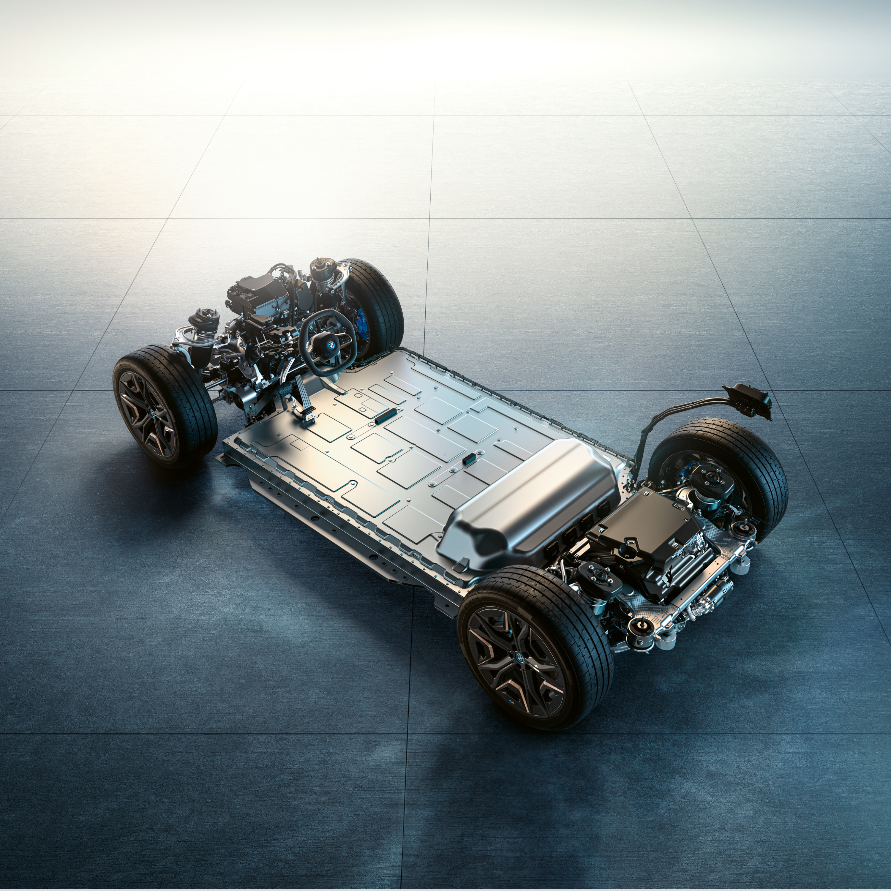 ภาพแสดงส่วนประกอบจากด้านล่างของรถยนต์ BMW ที่มีแบตเตอรี่ในที่นั่ง